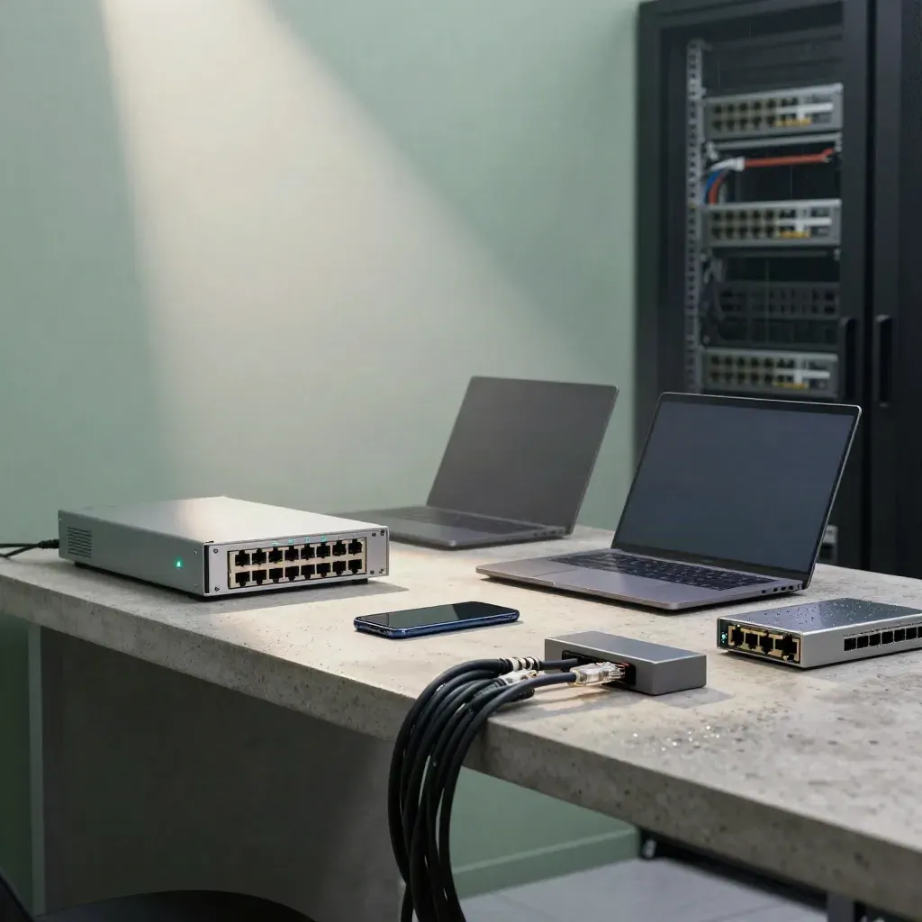 Firewall appliance, laptops, phone and switch in a misty morning server nook after rain.