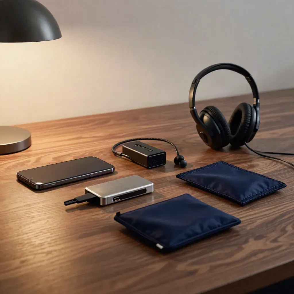 Incident response kit on a conference table under warm lamp light, with phone and sealed pouch.