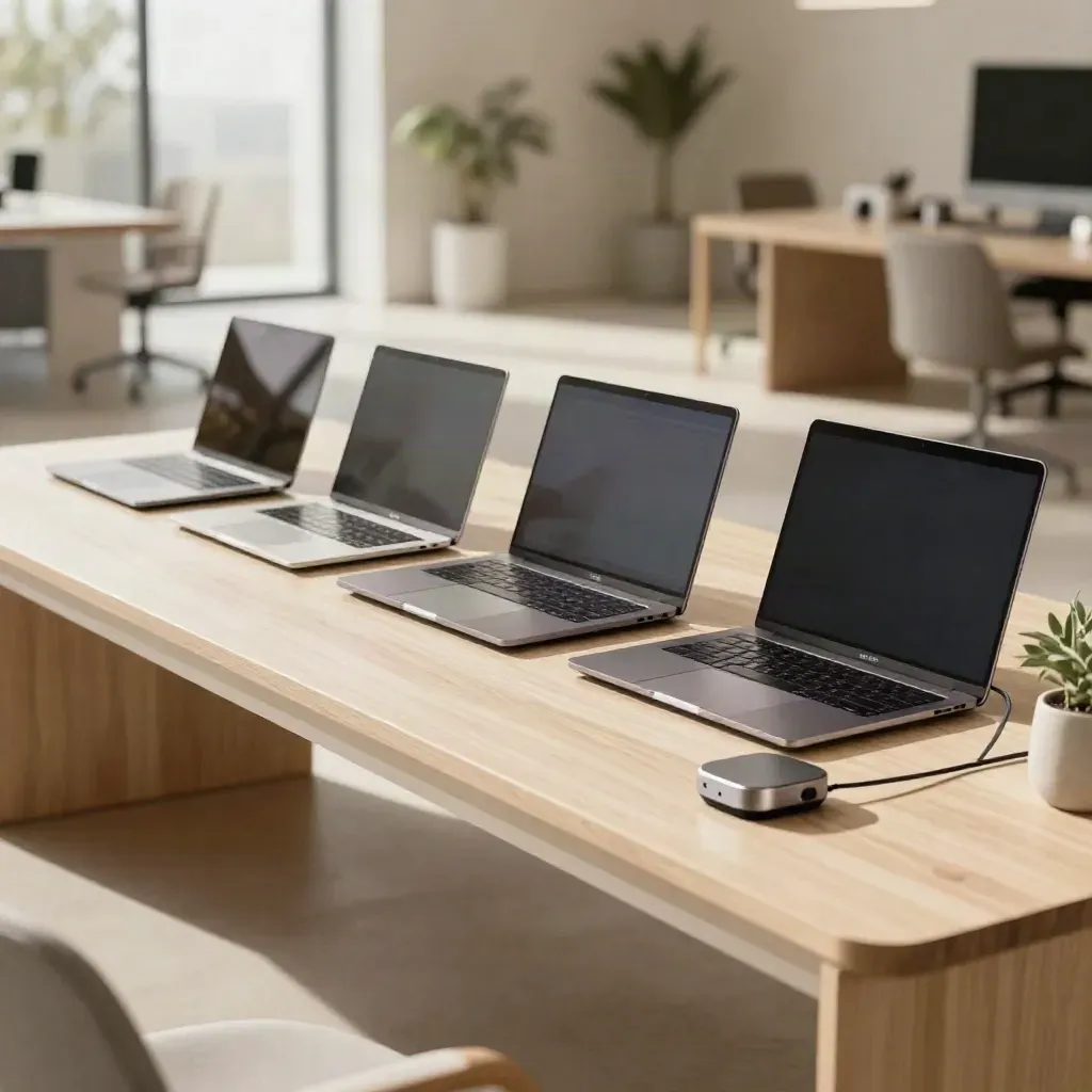 Four laptops and a sensor hub on a pale wood bench, one waking under warm window light.