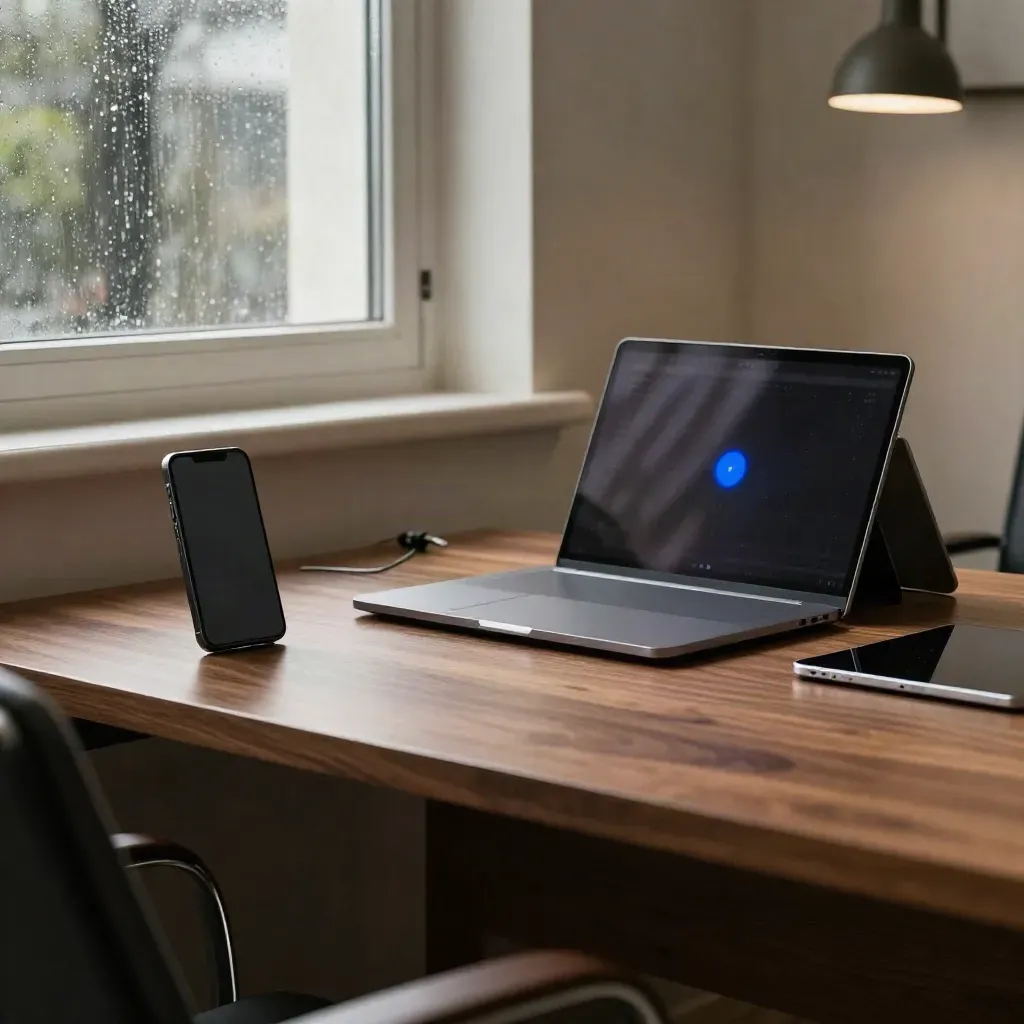 Phone, laptop, and tablet on a walnut desk with one steel-blue alert glow by a rain-lit window