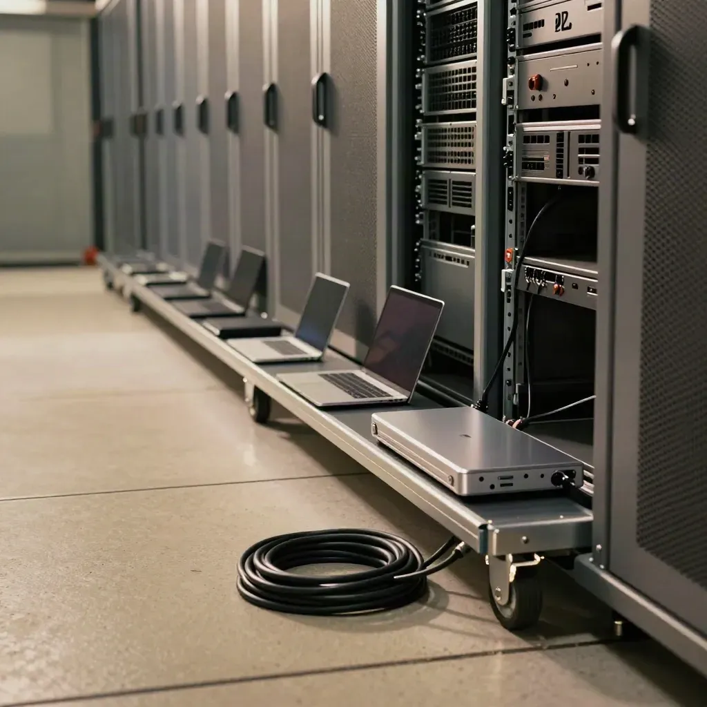 Endpoint devices on a cart beside an open rack, lit by a scanning silver beam