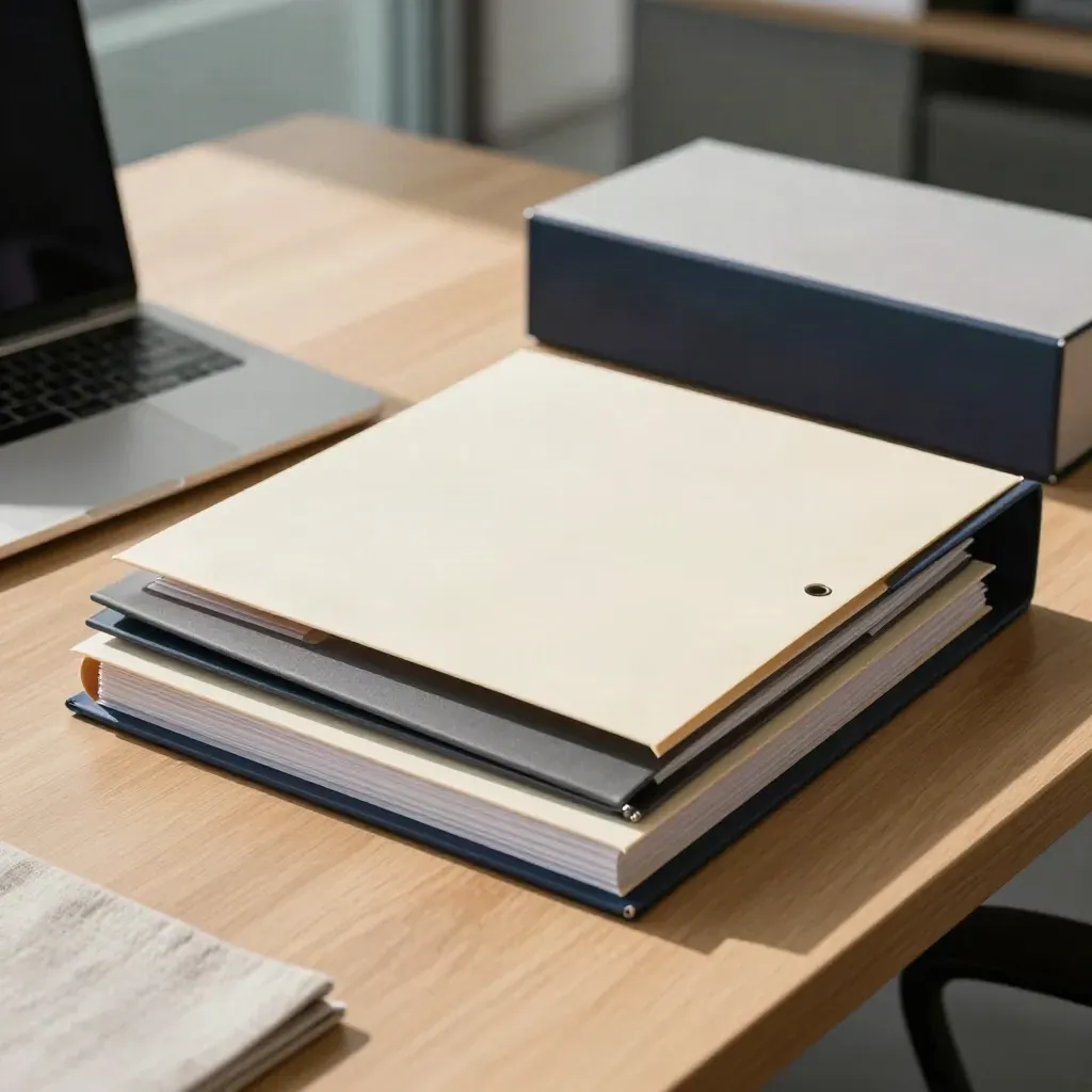 Closed compliance folders, sealed box, and laptop edge on a warm office table by window light.