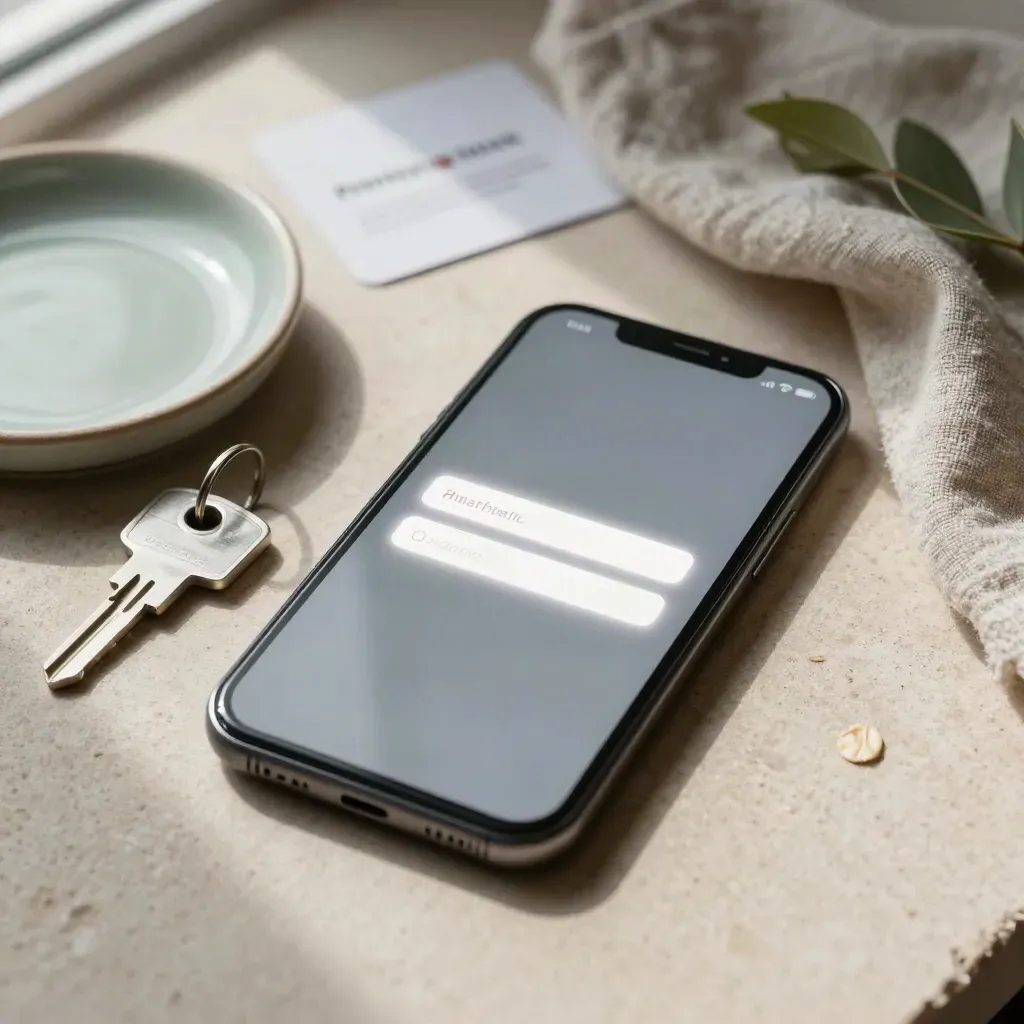 Smartphone, hardware key, dish and linen cloth on stone with a faint red login glow.