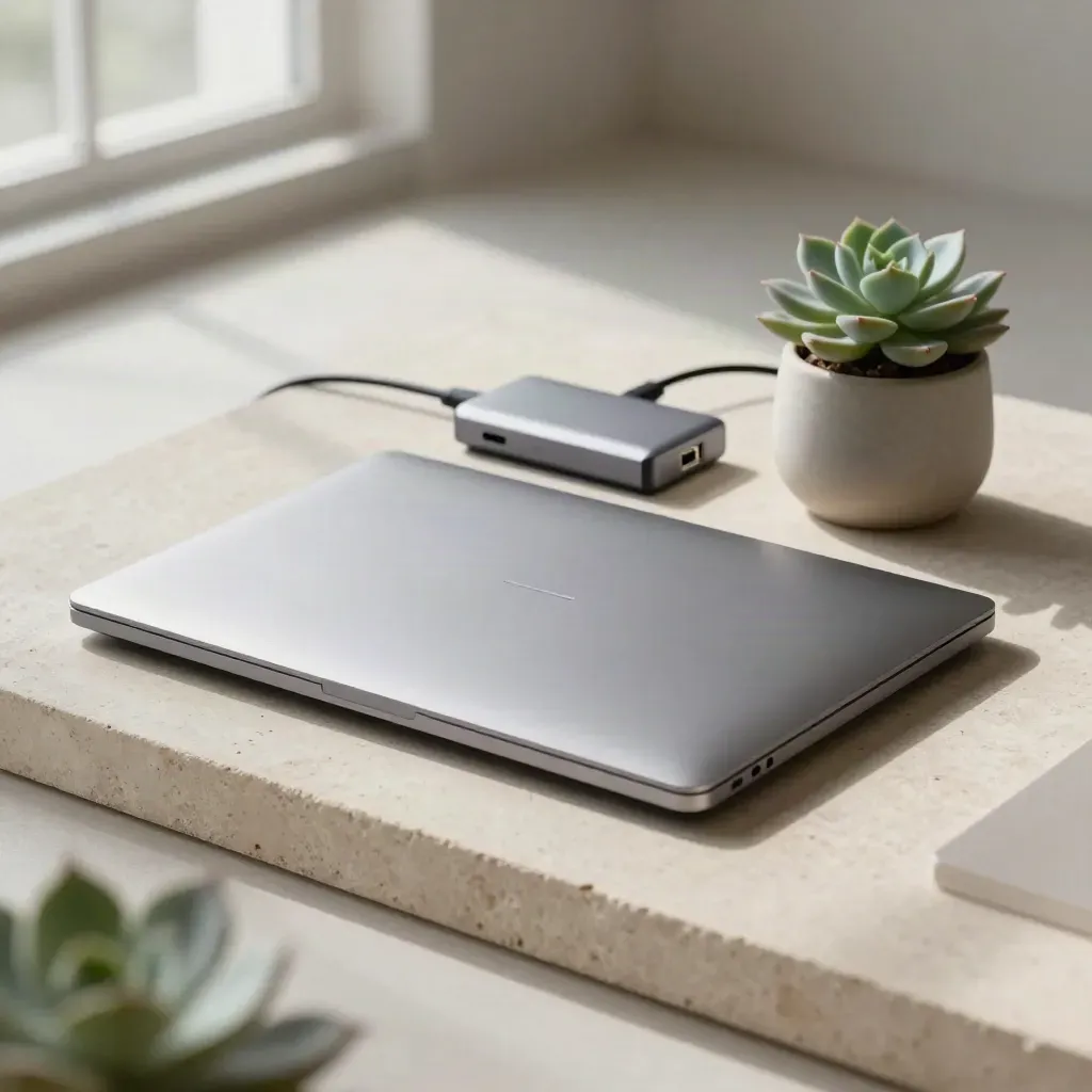 Silver laptop with dock, ethernet adapter, and succulent on pale stone in soft morning light.
