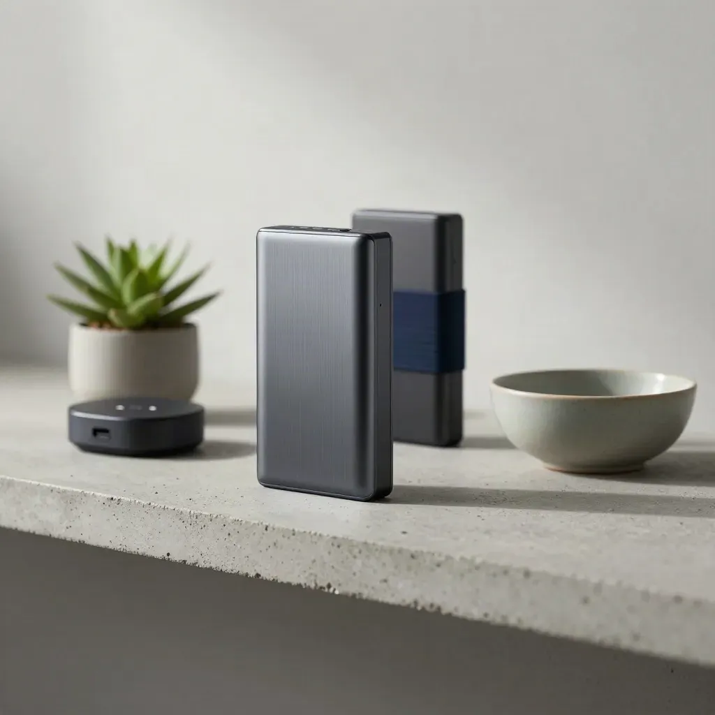 Backup drive and response kit on a stone shelf with plant and ceramic bowl.