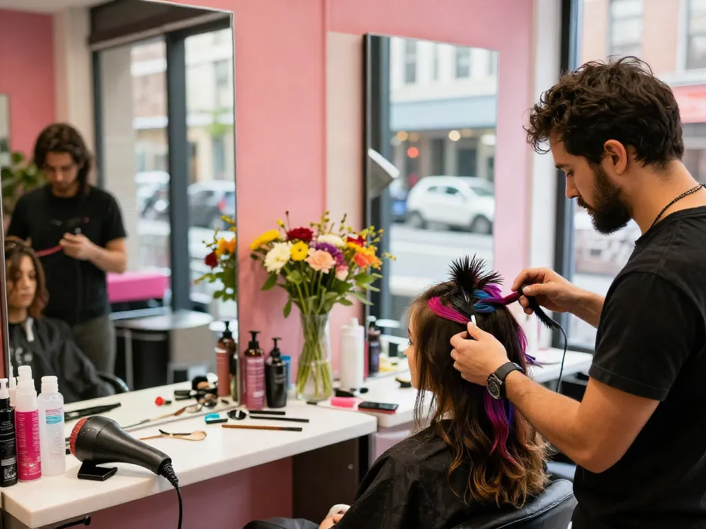 Stylist applying feather tip hair extensions in a vibrant beauty salon setting